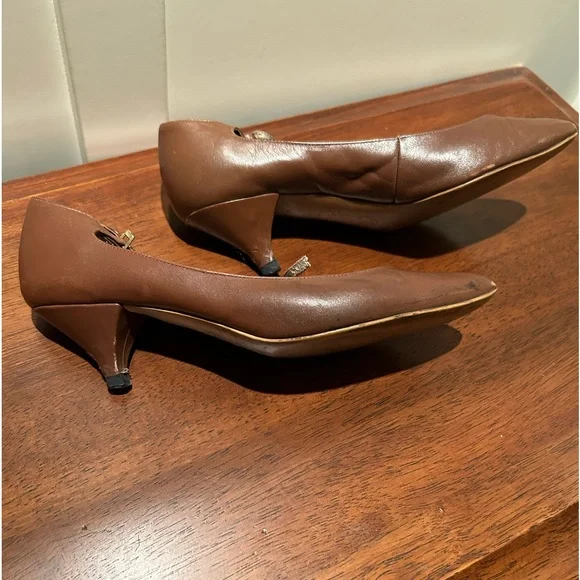 Brown leather ankle strap kitten heel shoes, 5.5 - Picture 6 of 8